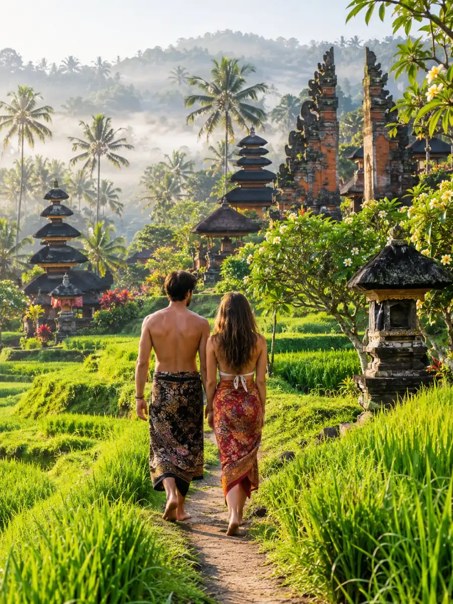 Ein Paar in Sarongs, das zwischen Reisterrassen in der Nähe von Ubud geht, mit Palmen und Morgennebel im Hintergrund